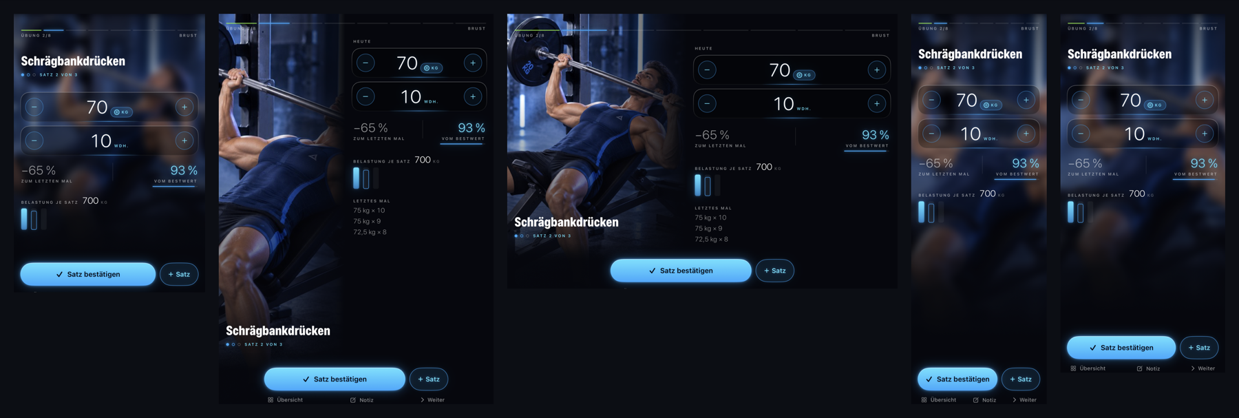 AuraGym Trainingsansicht mit vorausgefüllten Gewichten, Wiederholungen und Fortschrittsanzeige